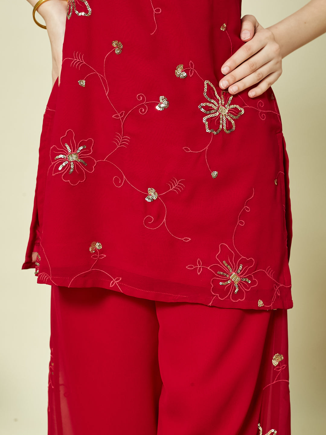 Red Georgette Embroidered Kurta Palazzo & Dupatta Set for Girls