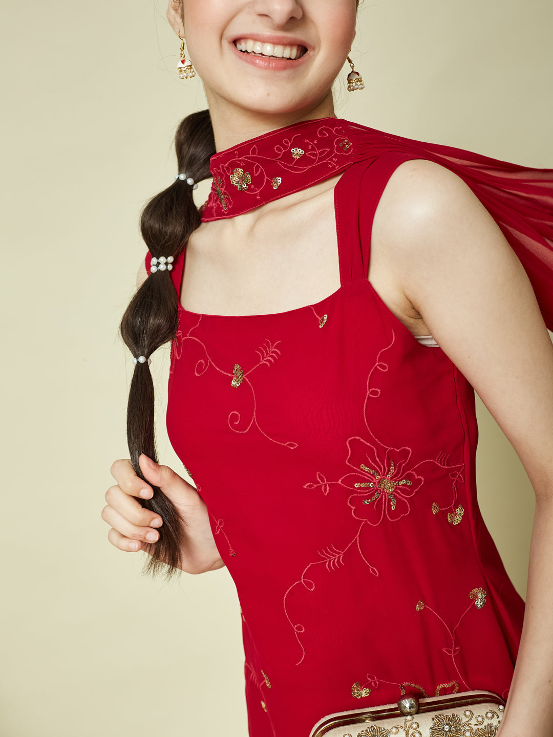 Red Georgette Embroidered Kurta Palazzo & Dupatta Set for Girls