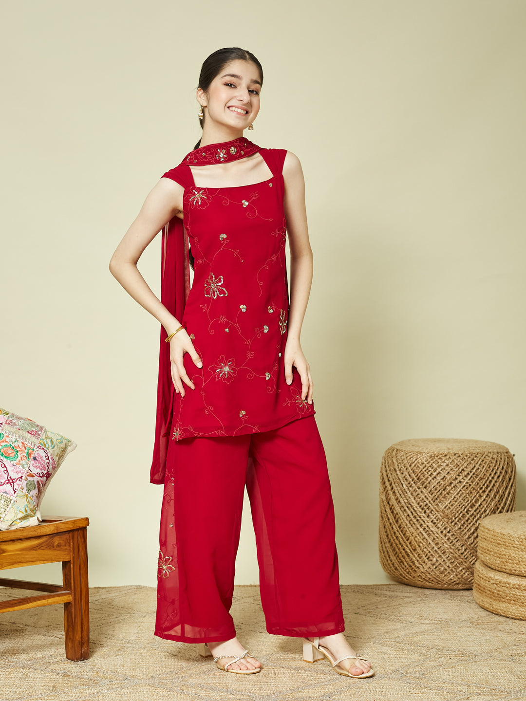 Red Georgette Embroidered Kurta Palazzo & Dupatta Set for Girls