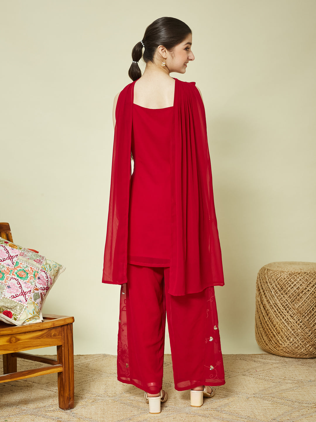Red Georgette Embroidered Kurta Palazzo & Dupatta Set for Girls