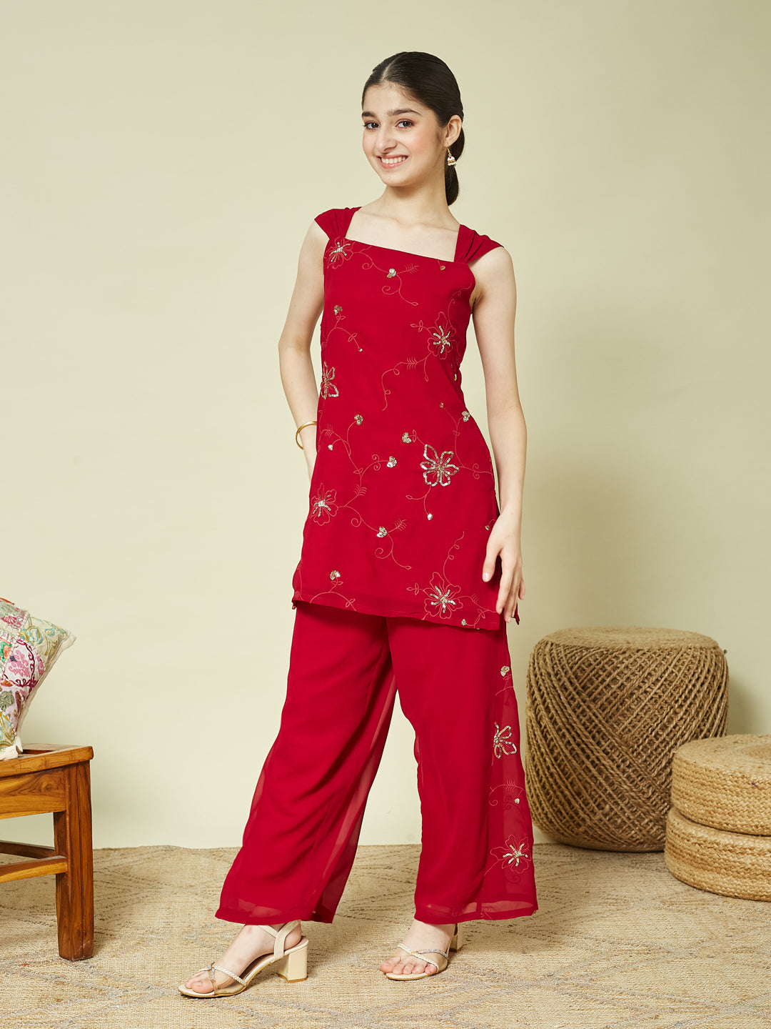 Red Georgette Embroidered Kurta Palazzo & Dupatta Set for Girls