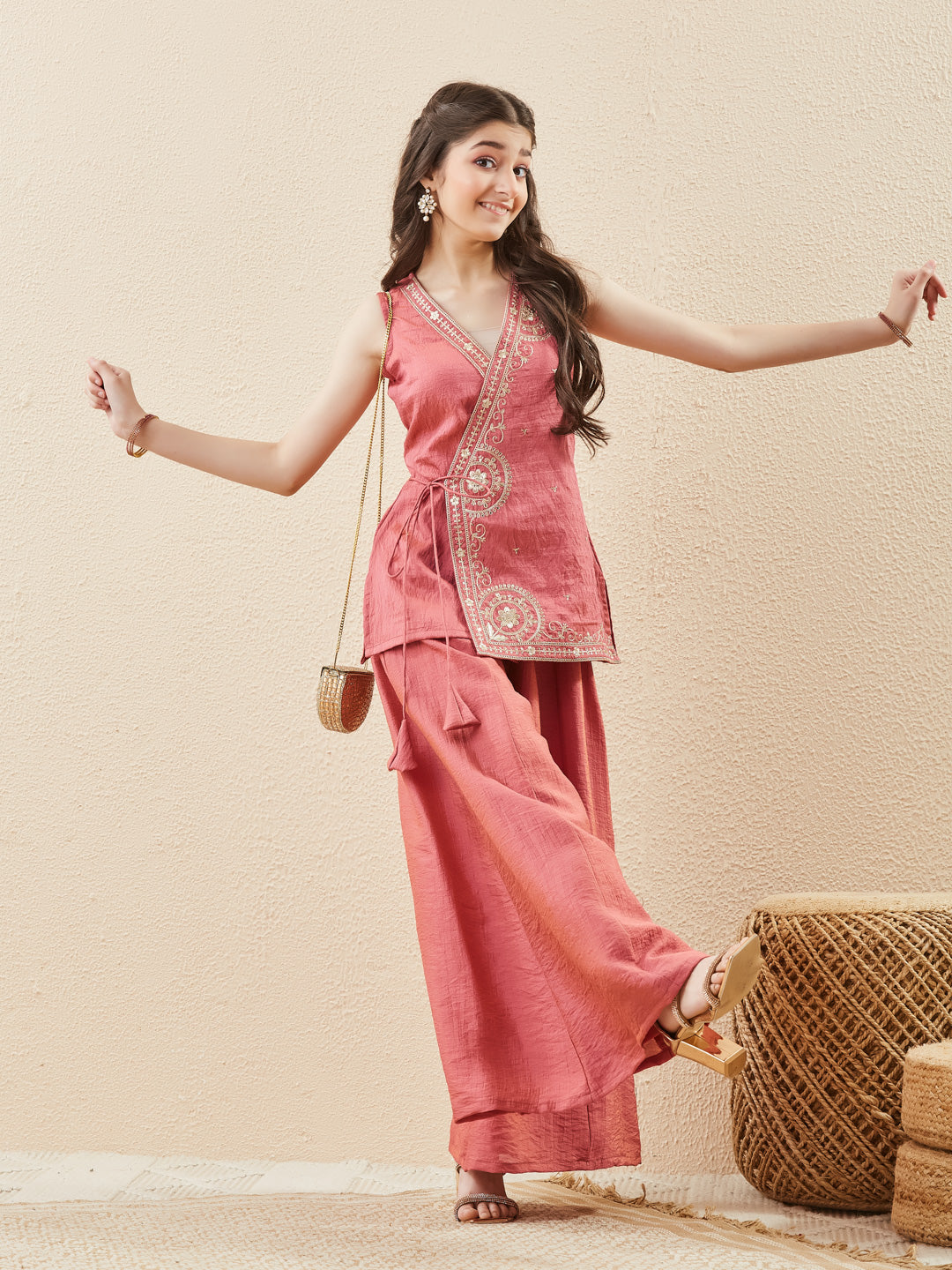 Pink Silk Embroidered Indo-Western Co-Ord Set For Girl