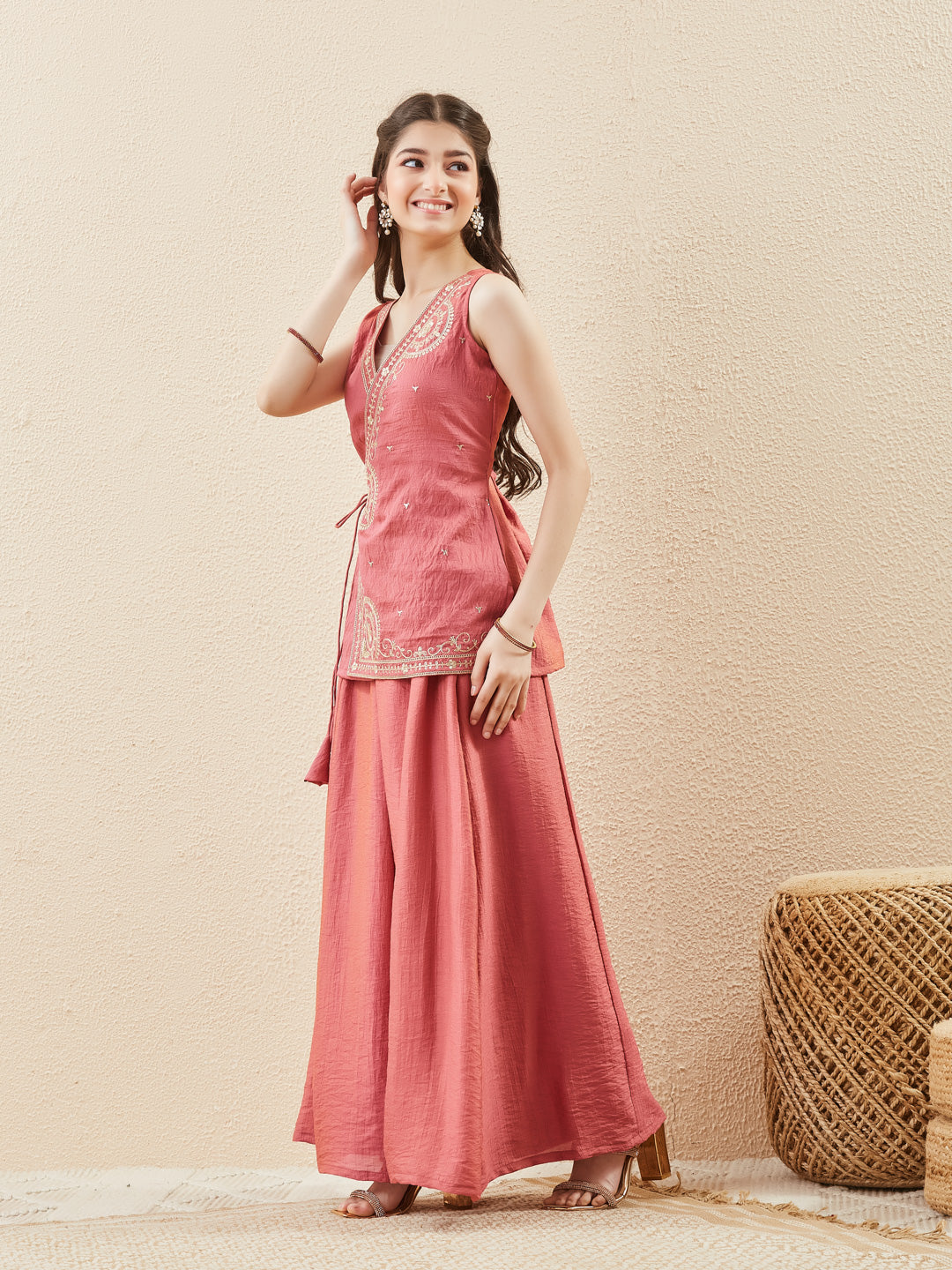 Pink Silk Embroidered Indo-Western Co-Ord Set For Girl