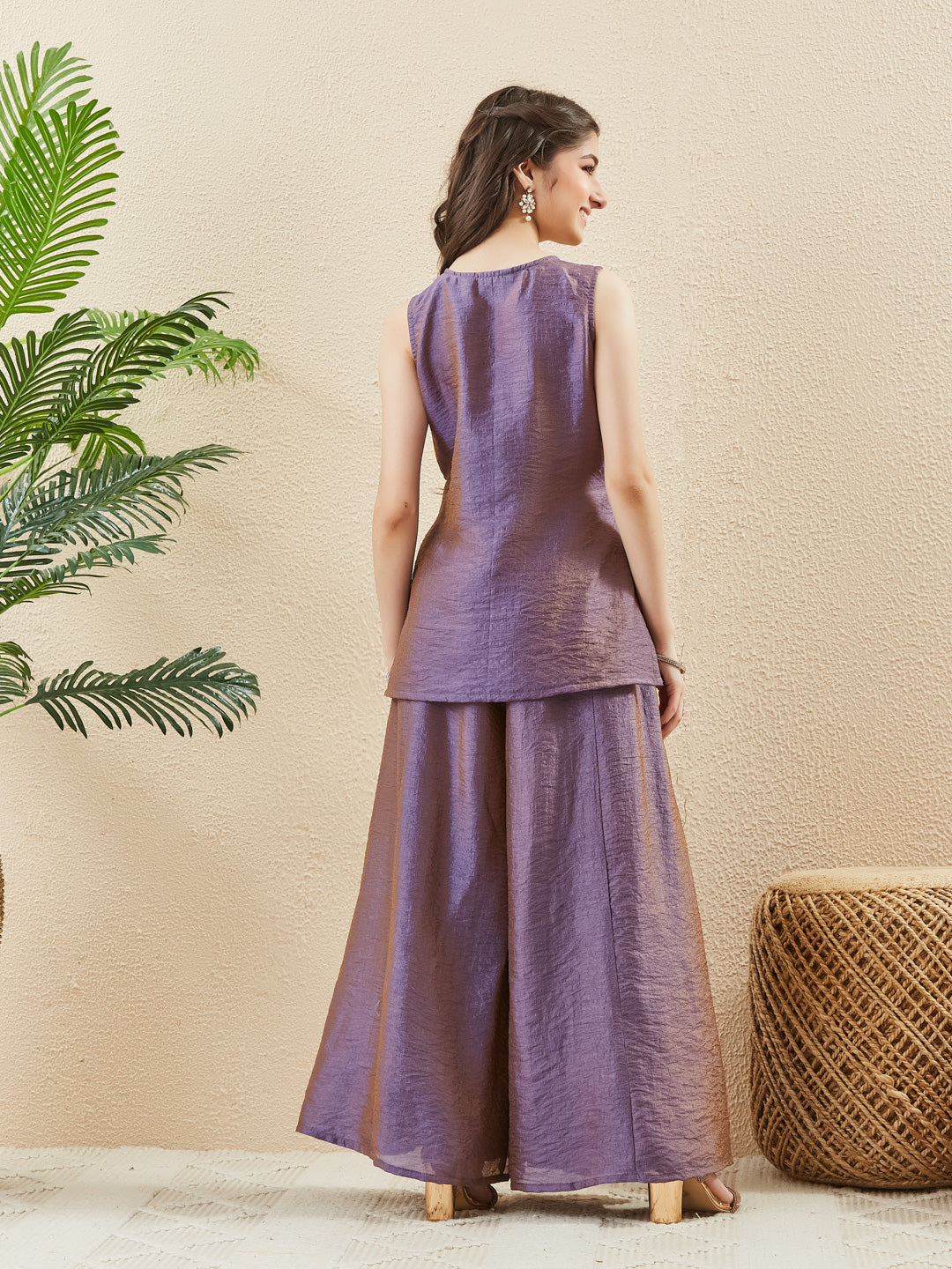 Purple Silk Embroidered Kurta & Palazzo Set For Girl