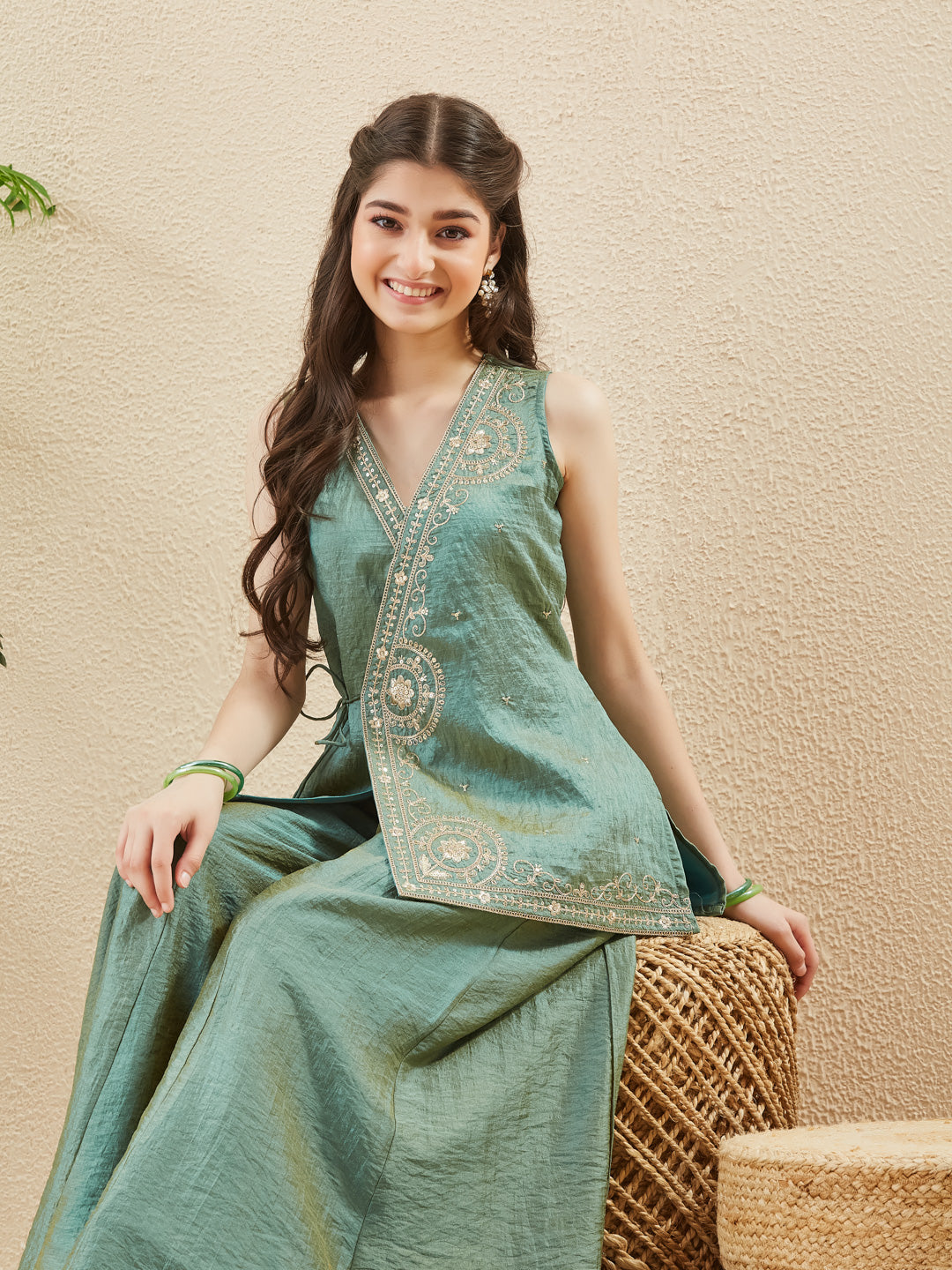 Green Silk Embroidered Ethnic Co-Ord Outfit For Girl