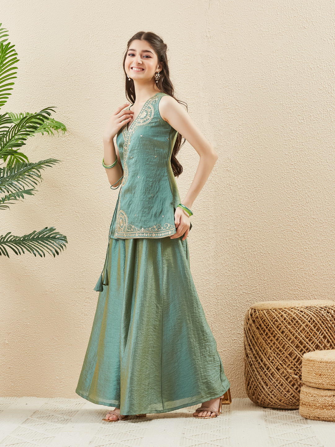 Green Silk Embroidered Ethnic Co-Ord Outfit For Girl