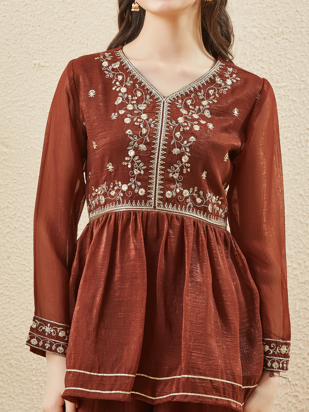 Girls Coffee Silk Embroidered Kurta Sharara Set with Dupatta