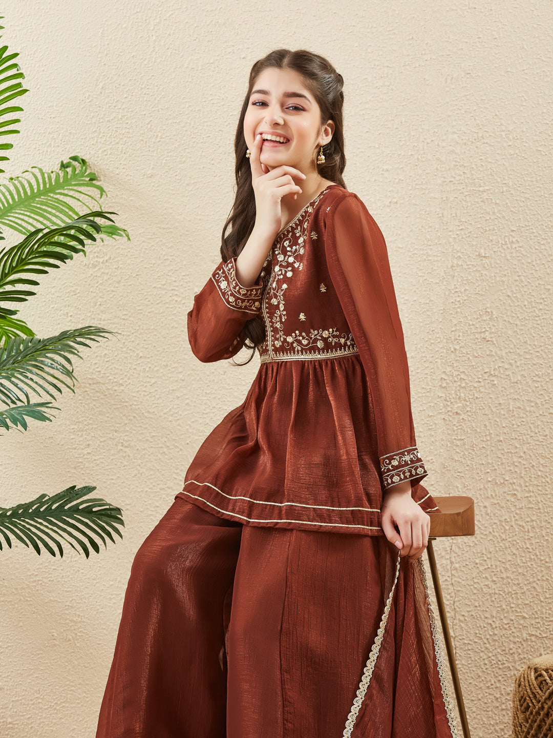 Girls Coffee Silk Embroidered Kurta Sharara Set with Dupatta