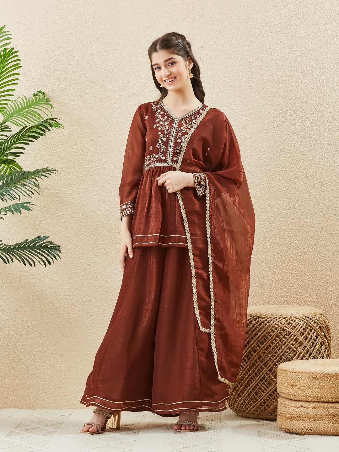 Girls Coffee Silk Embroidered Kurta Sharara Set with Dupatta