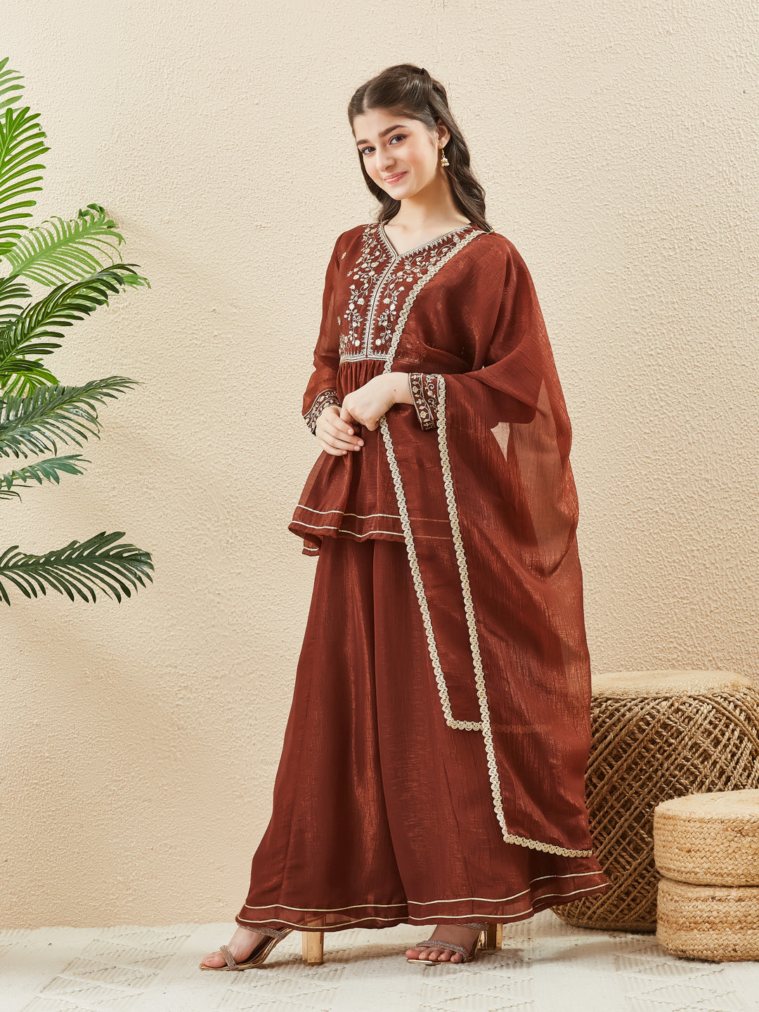 Girls Coffee Silk Embroidered Kurta Sharara Set with Dupatta