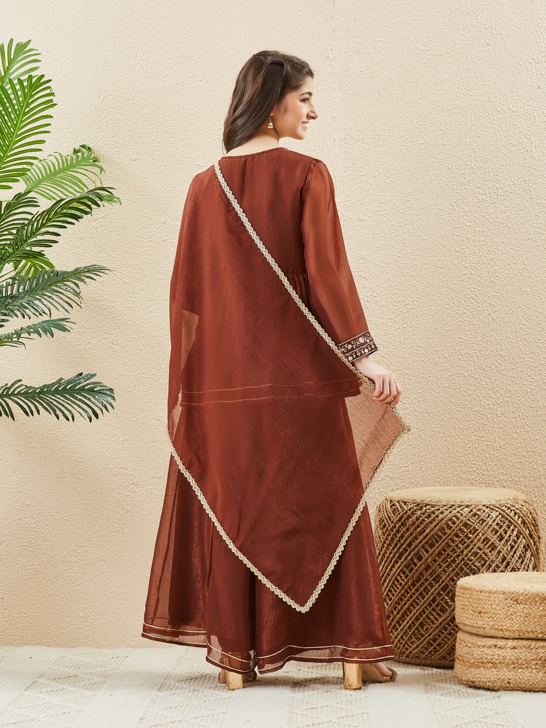 Girls Coffee Silk Embroidered Kurta Sharara Set with Dupatta