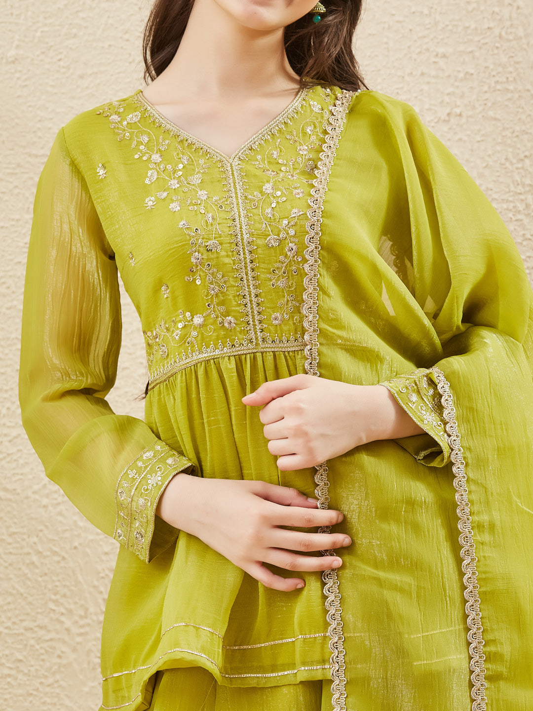 Neon Silk Embroidered Peplum Sharara & Dupatta Set for Girl