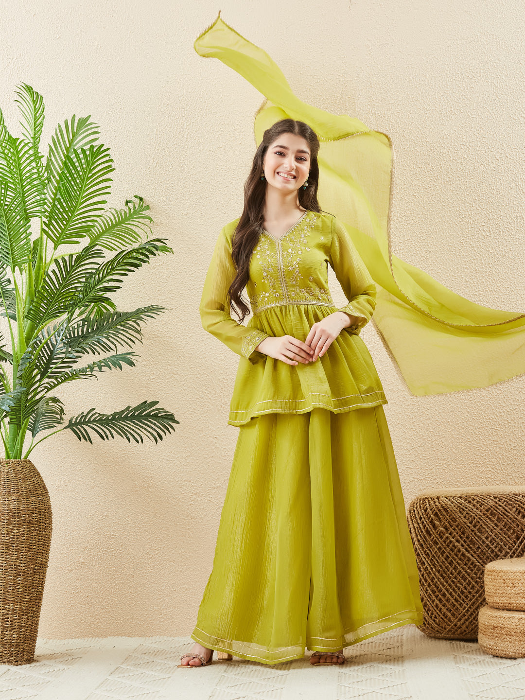 Neon Silk Embroidered Peplum Sharara & Dupatta Set for Girl