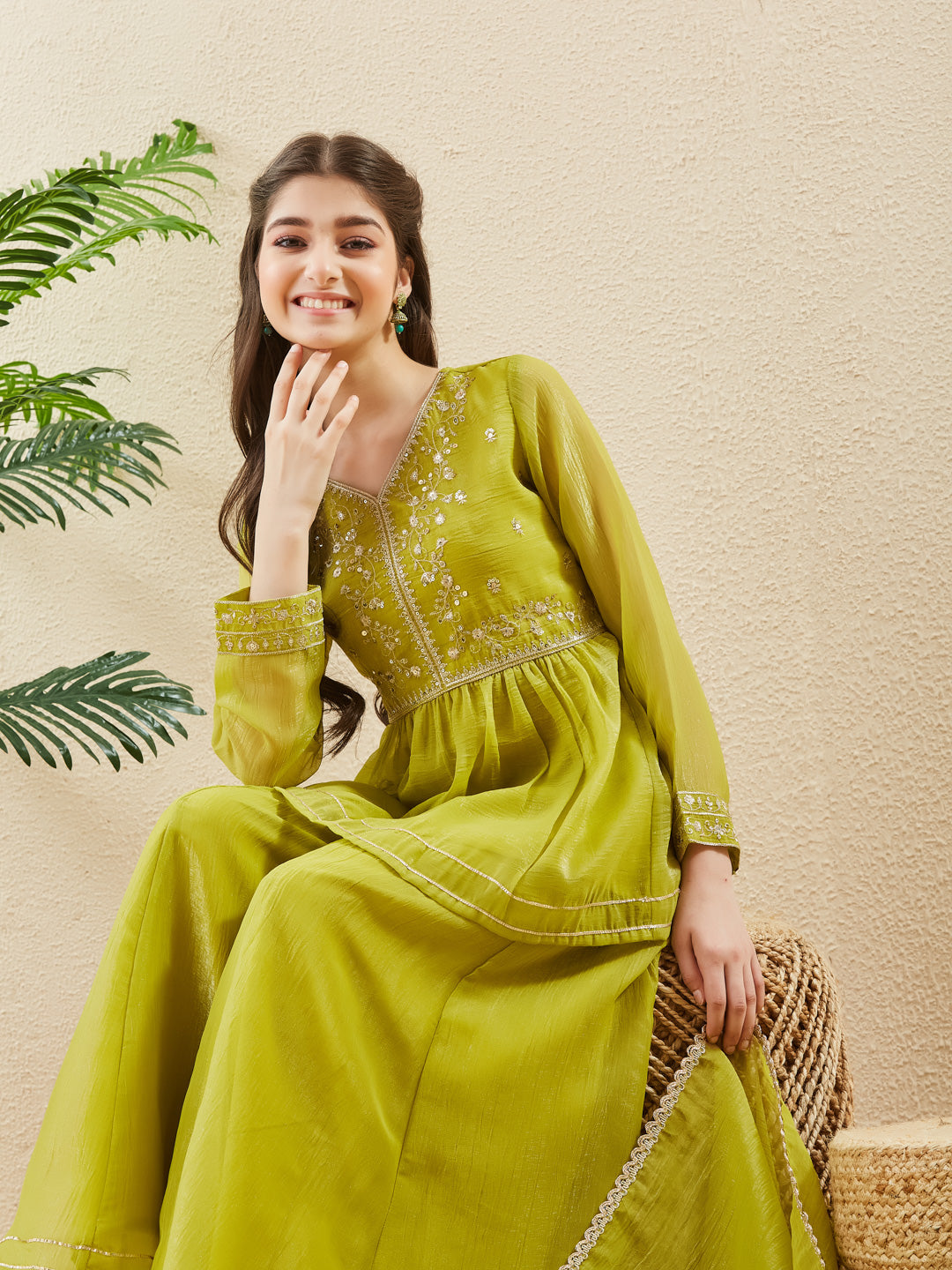 Neon Silk Embroidered Peplum Sharara & Dupatta Set for Girl