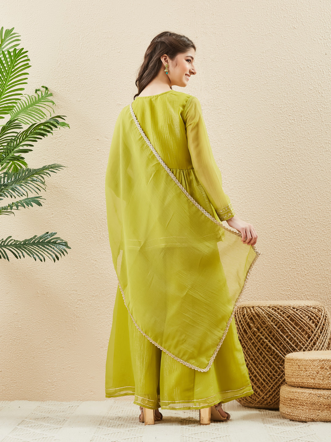 Neon Silk Embroidered Peplum Sharara & Dupatta Set for Girl