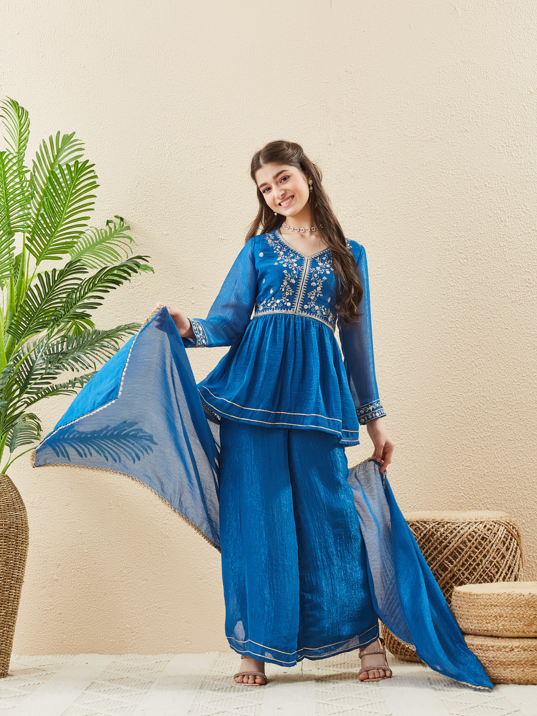 Royal Blue Silk Glow Embroidered Sharara Set For Girls