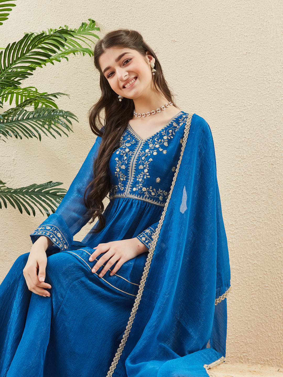 Royal Blue Silk Glow Embroidered Sharara Set For Girls