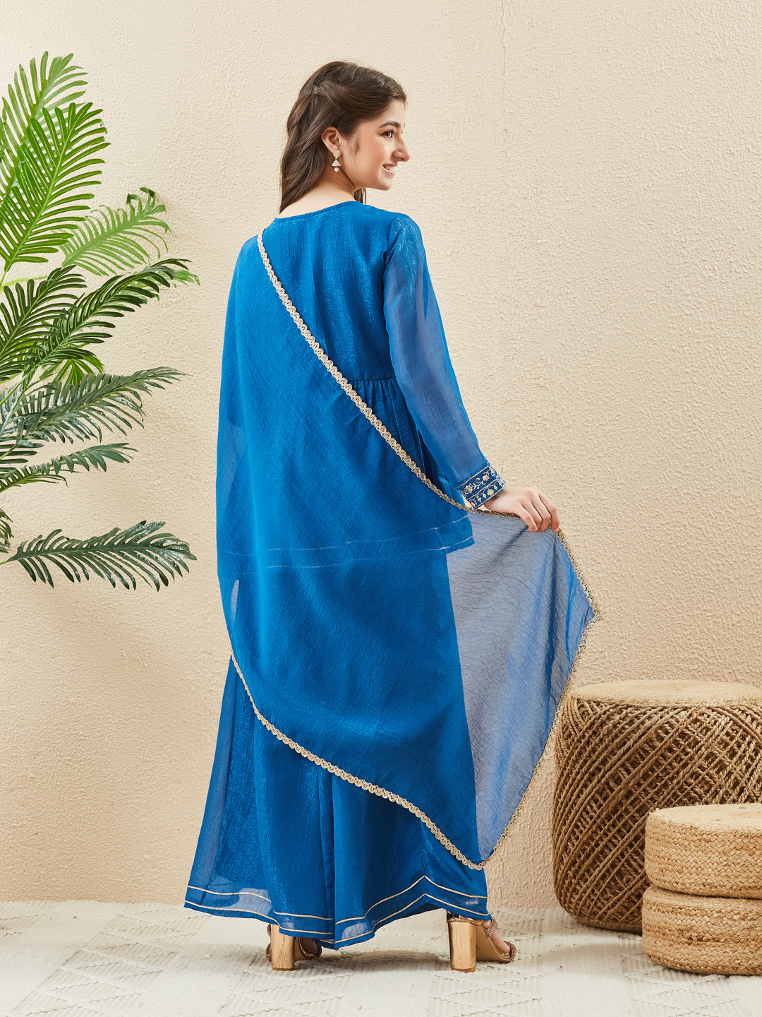 Royal Blue Silk Glow Embroidered Sharara Set For Girls