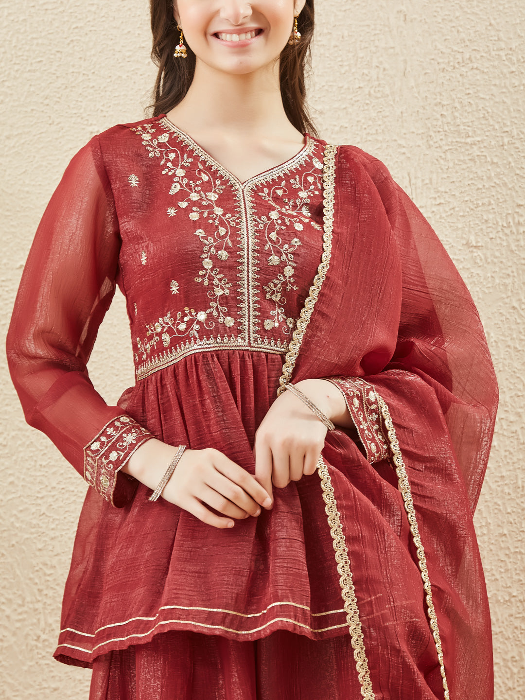 Berry Silk Embroidered Zari Bloom Peplum Kurta Sharara Set For Girl