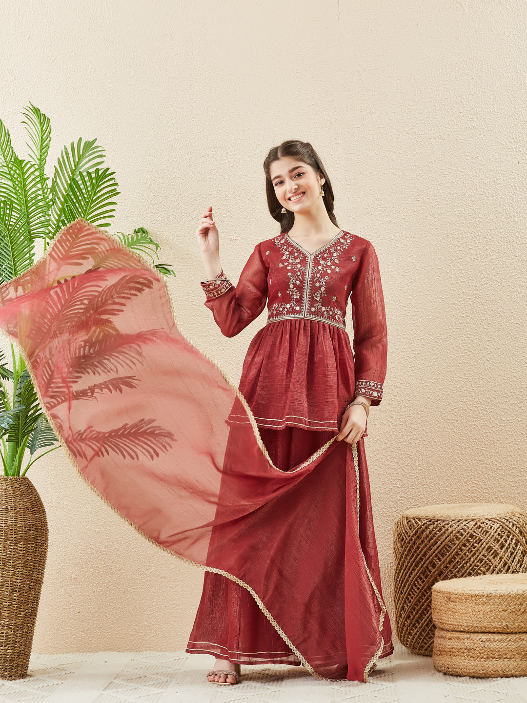 Berry Silk Embroidered Zari Bloom Peplum Kurta Sharara Set For Girl