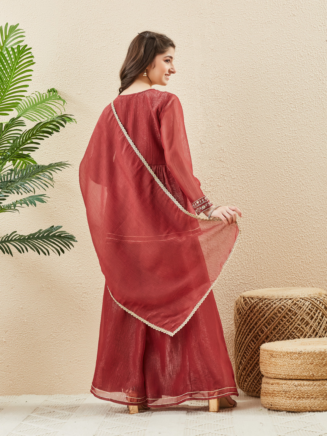 Berry Silk Embroidered Zari Bloom Peplum Kurta Sharara Set For Girl