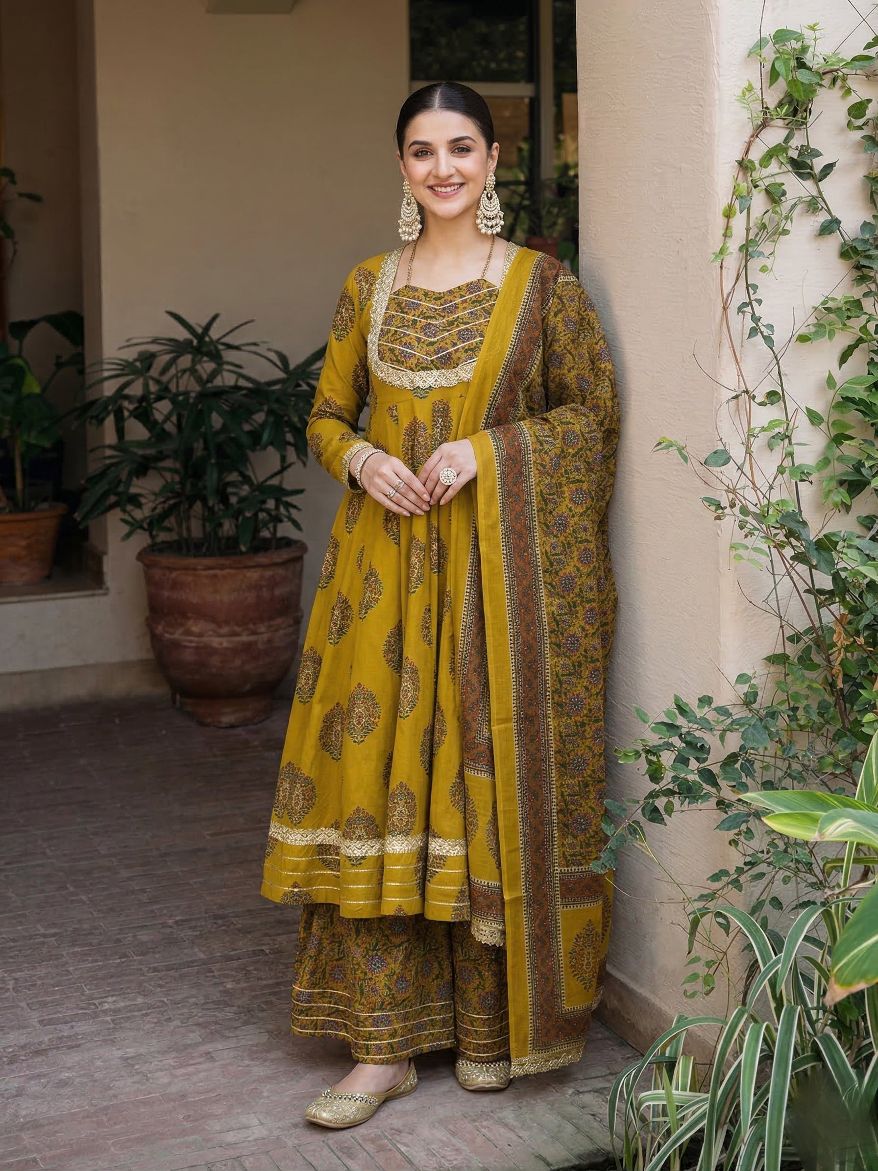 Mustard Cotton Embroidered Anarkali Kurta Set with Dupatta for Women