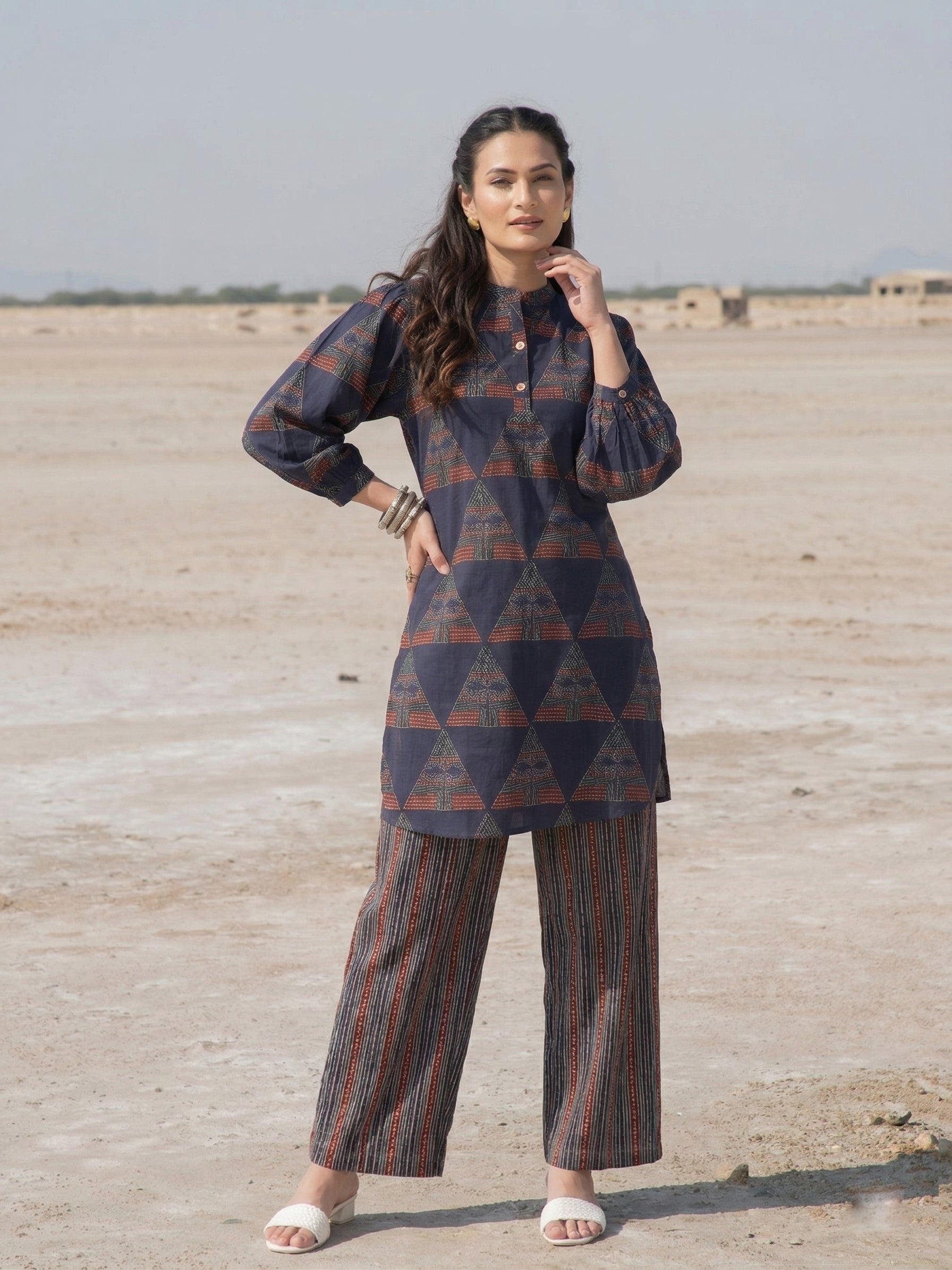 Navy Blue Cotton Printed Co-ord Set for Women