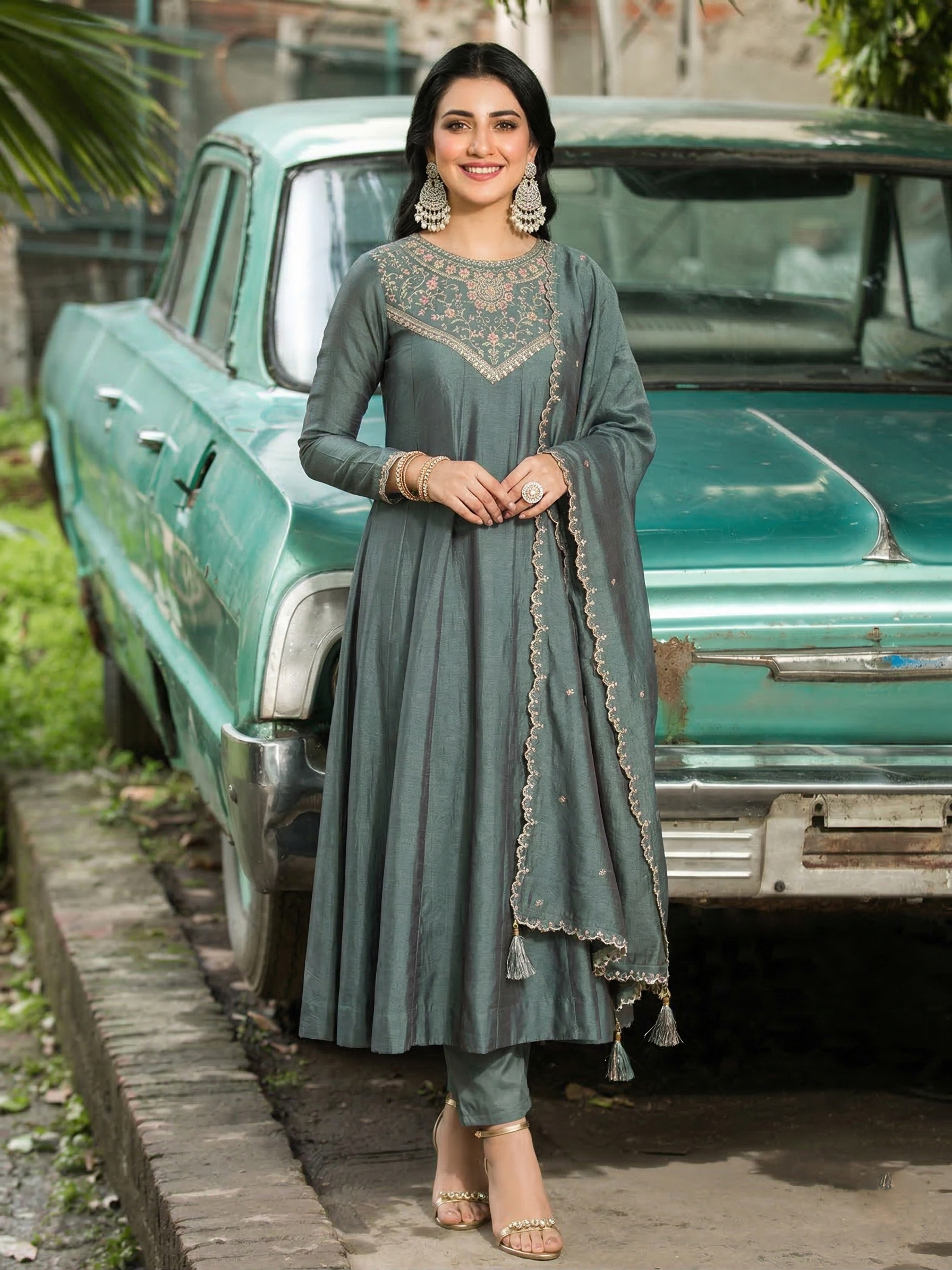 Olive Green Embroidered Silk Anarkali Kurta With Dupatta Set