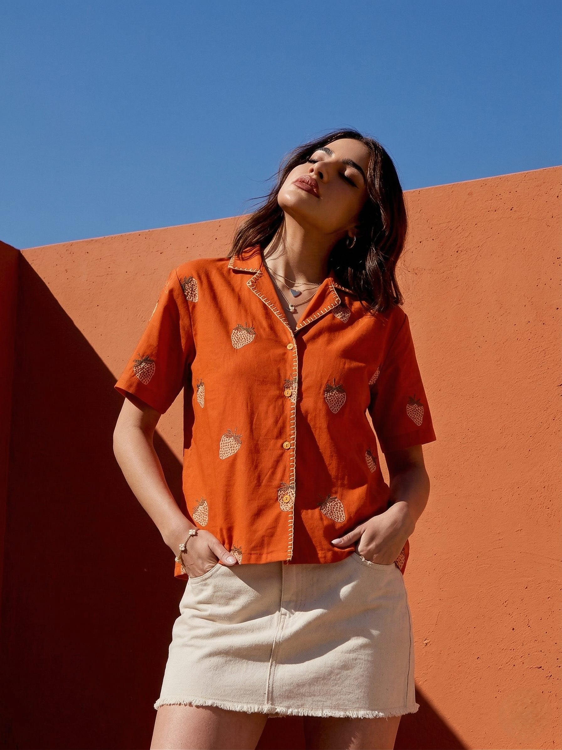 Orange Cotton Strawberry Printed Cotton Shirt for Women