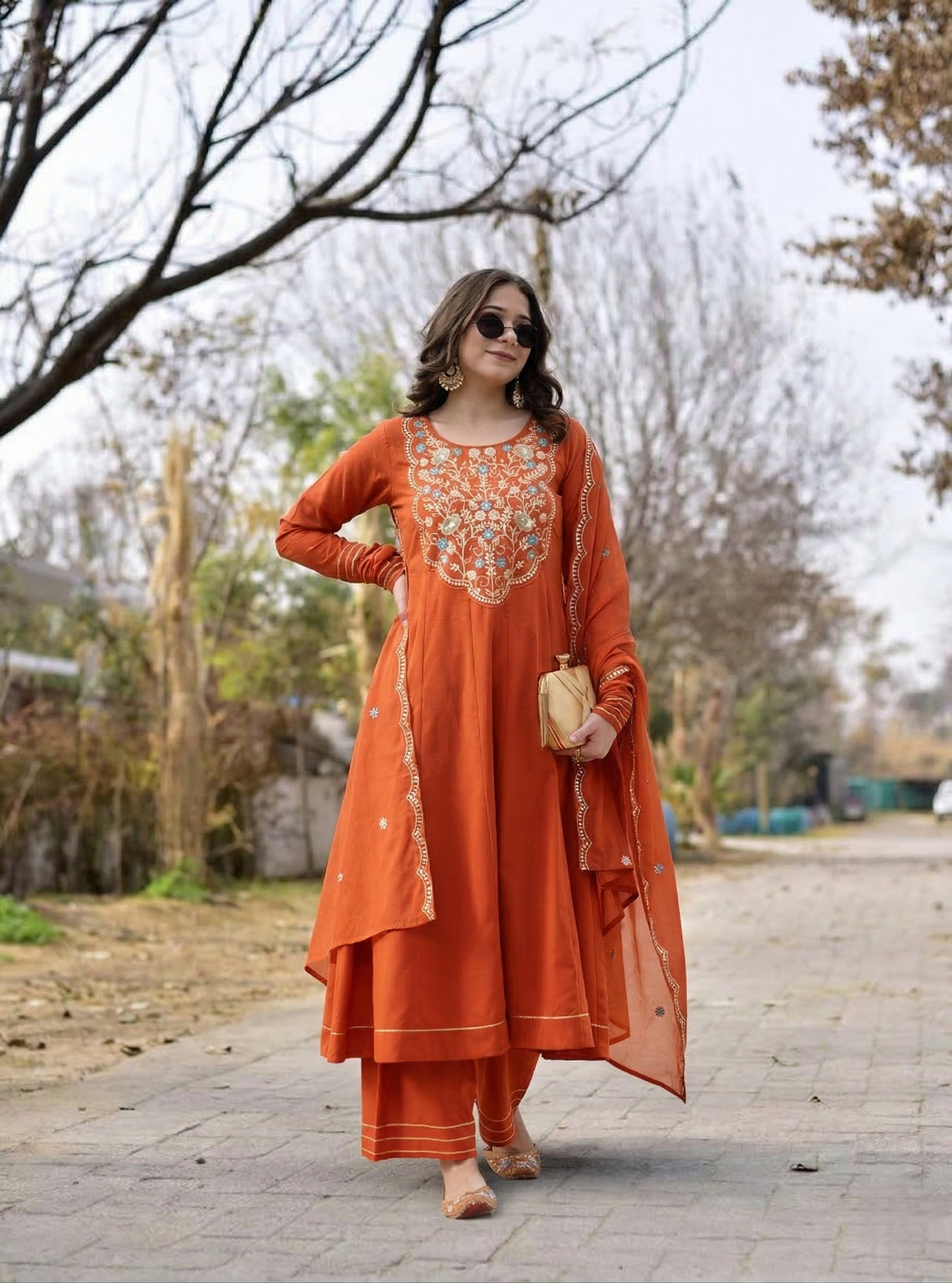 Orange Cotton Embroidered Anarkali Suit Set with Dupatta for Women