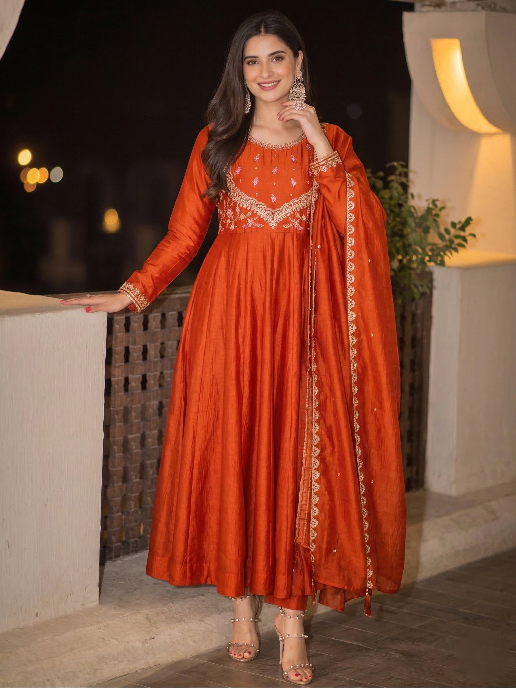Orange Embroidered Silk Anarkali Kurta With Dupatta Set