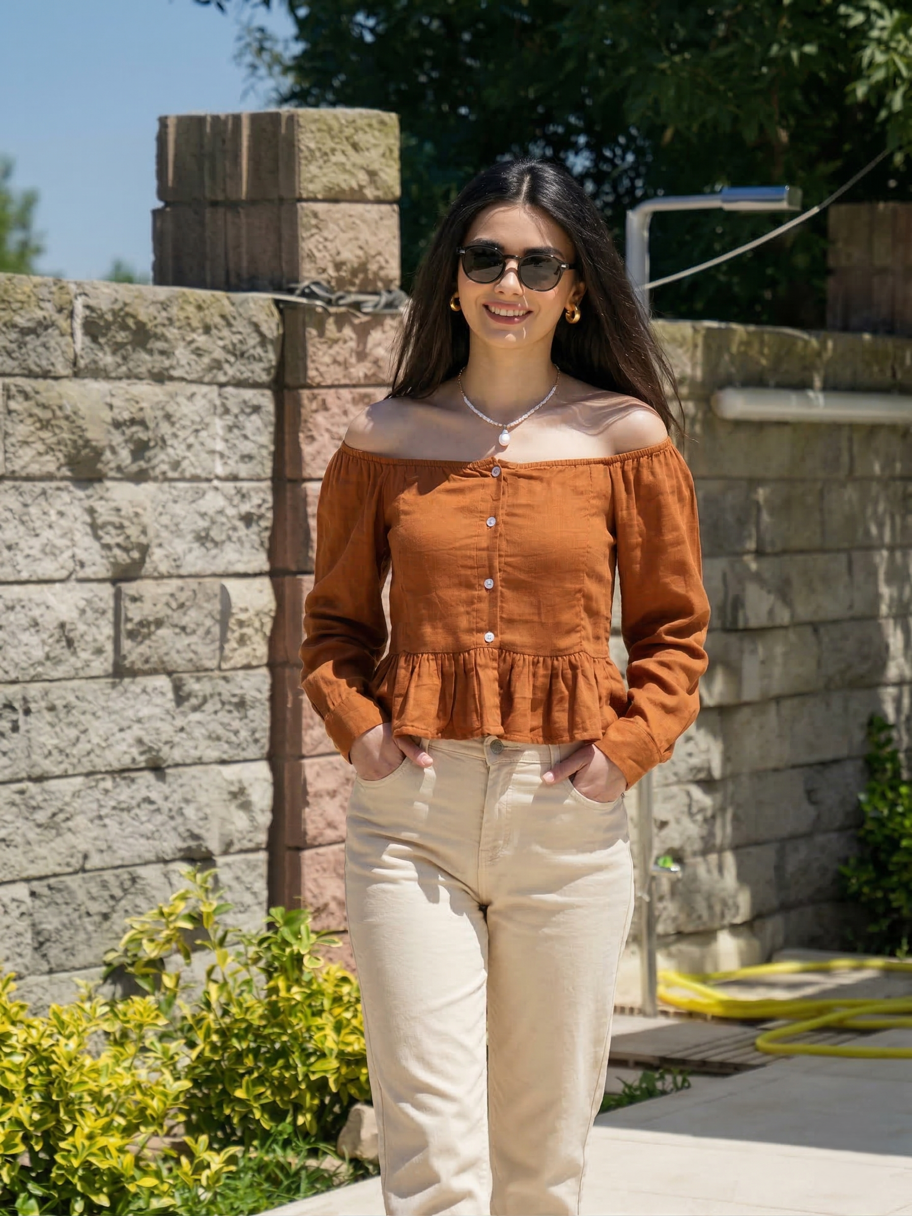 Brown Cotton Off-Shoulder Peplum Top for Women