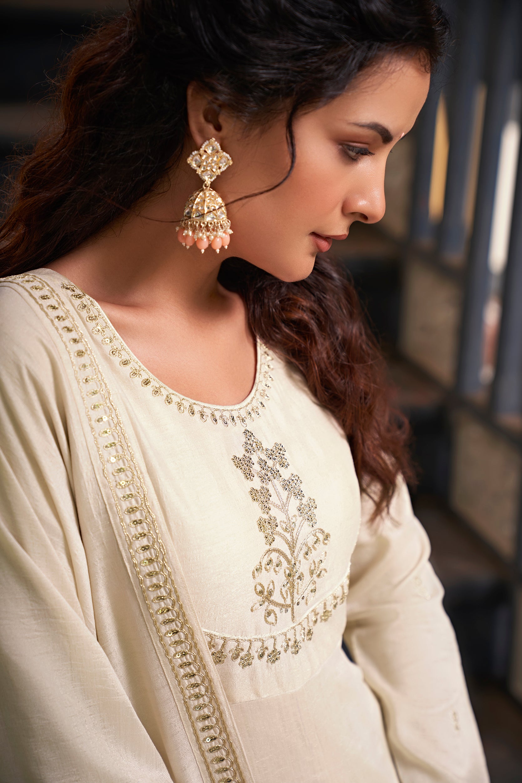 Cream Embroidered Silk Blend Anarkali Kurta With Dupatta Set