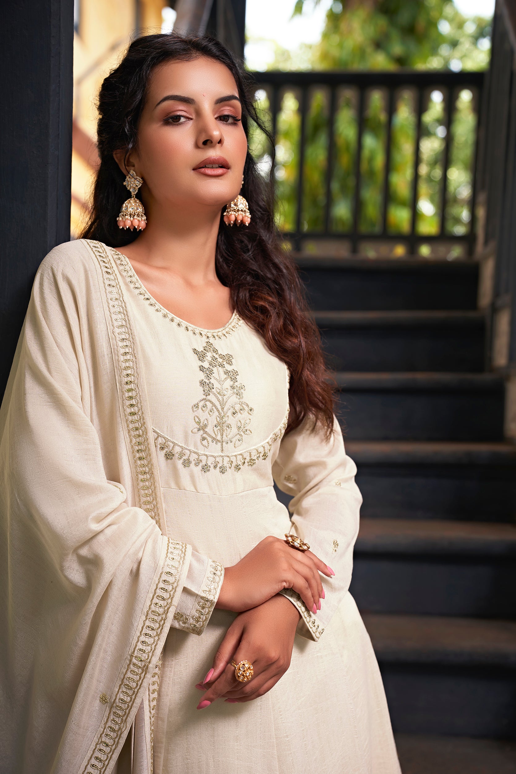 Cream Embroidered Silk Blend Anarkali Kurta With Dupatta Set