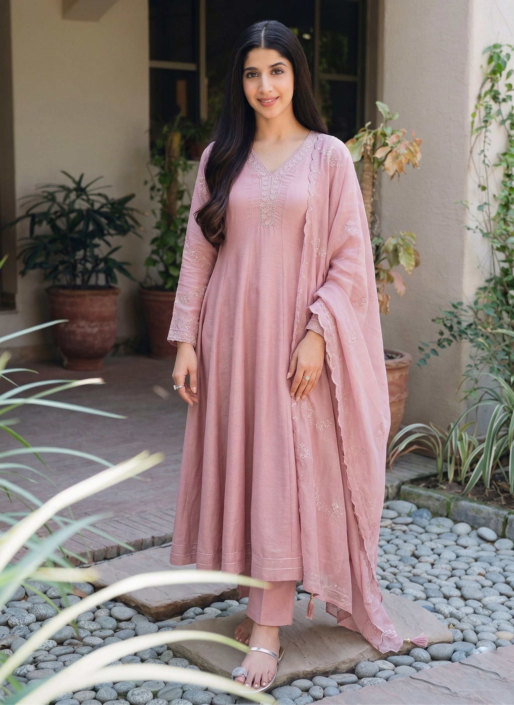 Pink Silk Embroidered Anarkali Kurta Set with Dupatta