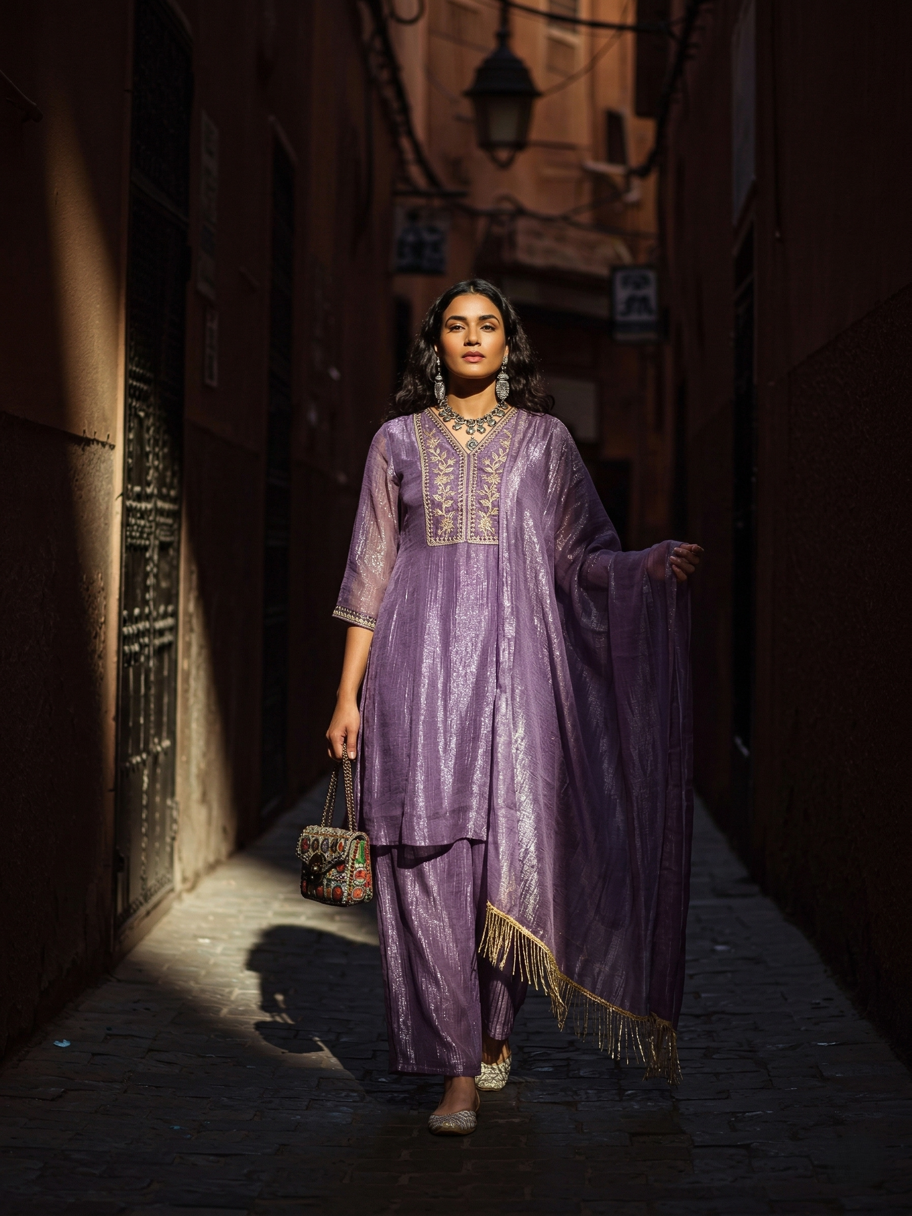 Violet Embroidered Kurta Set with Pants & Dupatta for Women