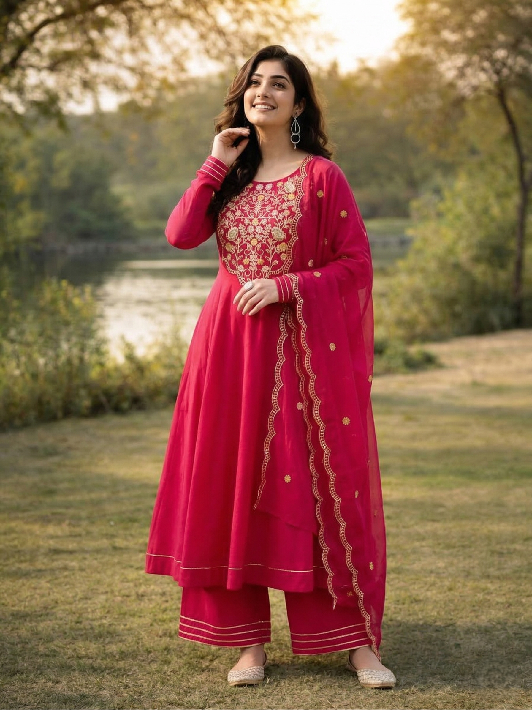 Rani Cotton Embroidered Anarkali Suit Set with Dupatta for Women