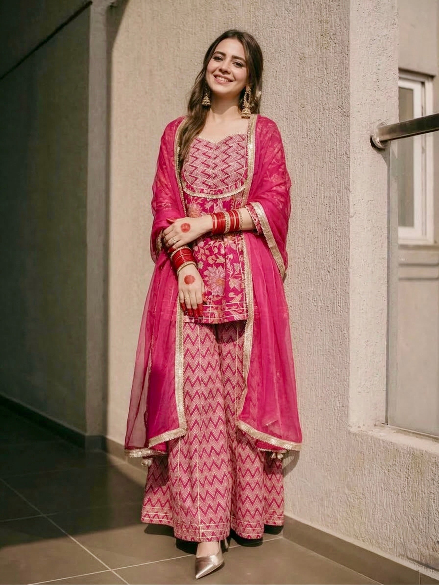 Rani Cotton Printed Kurta with Palazzo & Dupatta Set for women