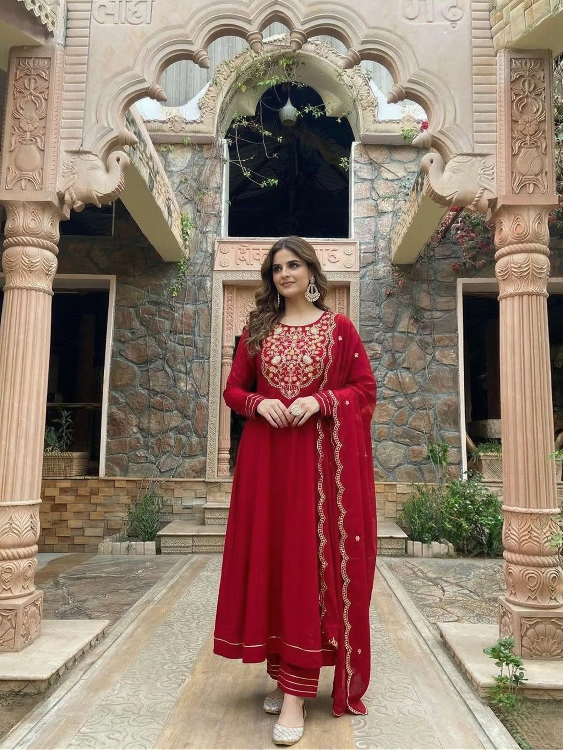 Red Cotton Embroidered Anarkali Suit Set with Dupatta for Women