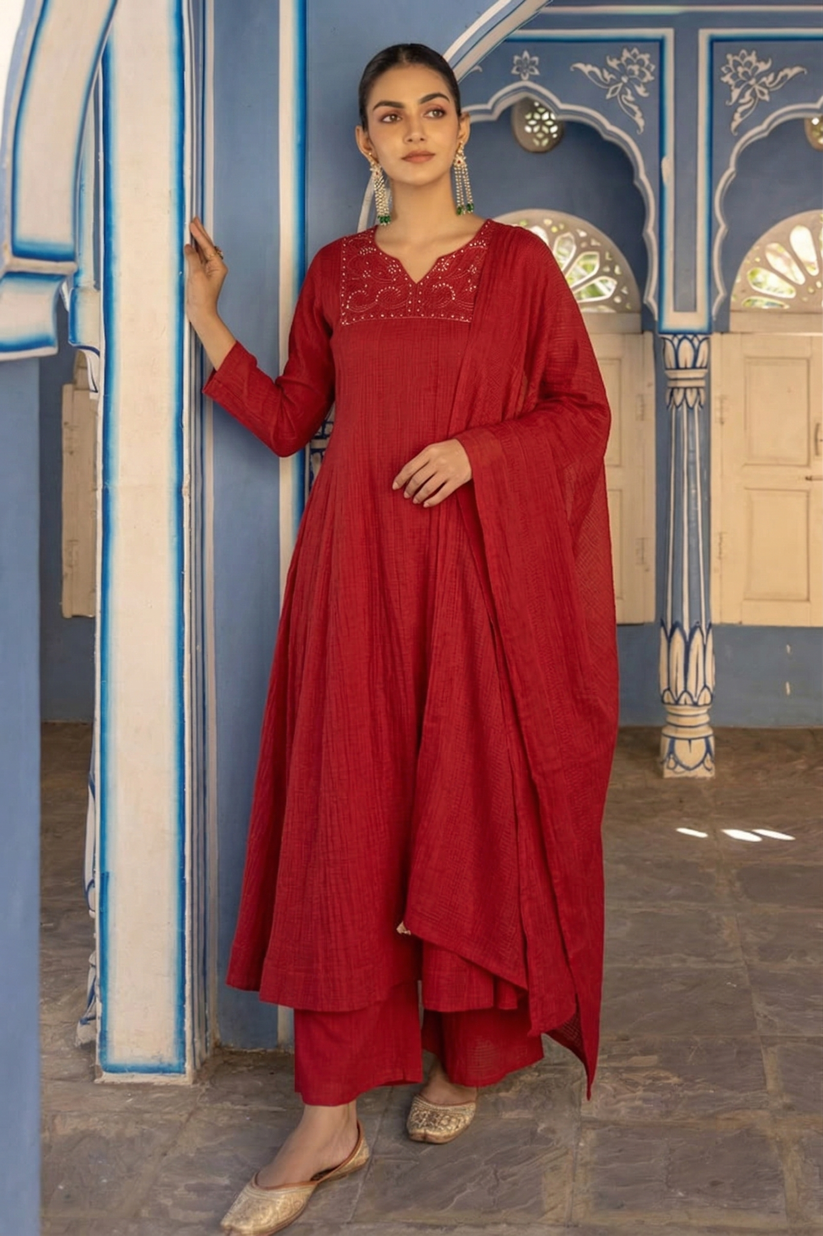 Red Cotton Anarkali Set for Women with Dupatta