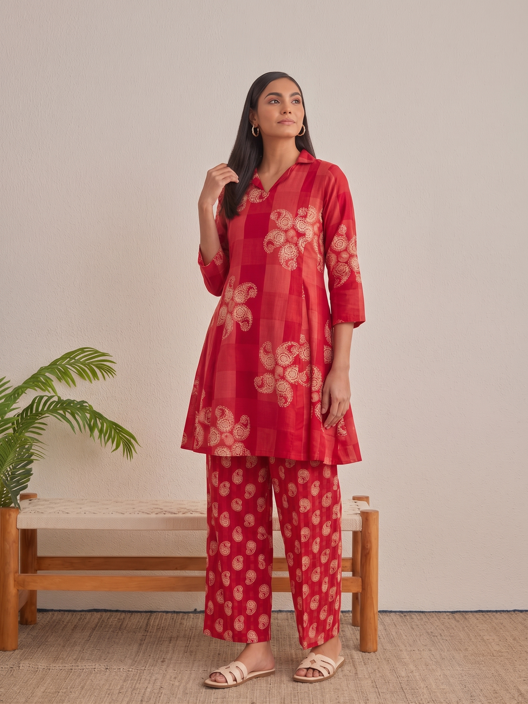Red Cotton Printed A-Line Kurta Palazzo Co-ord Set for Women