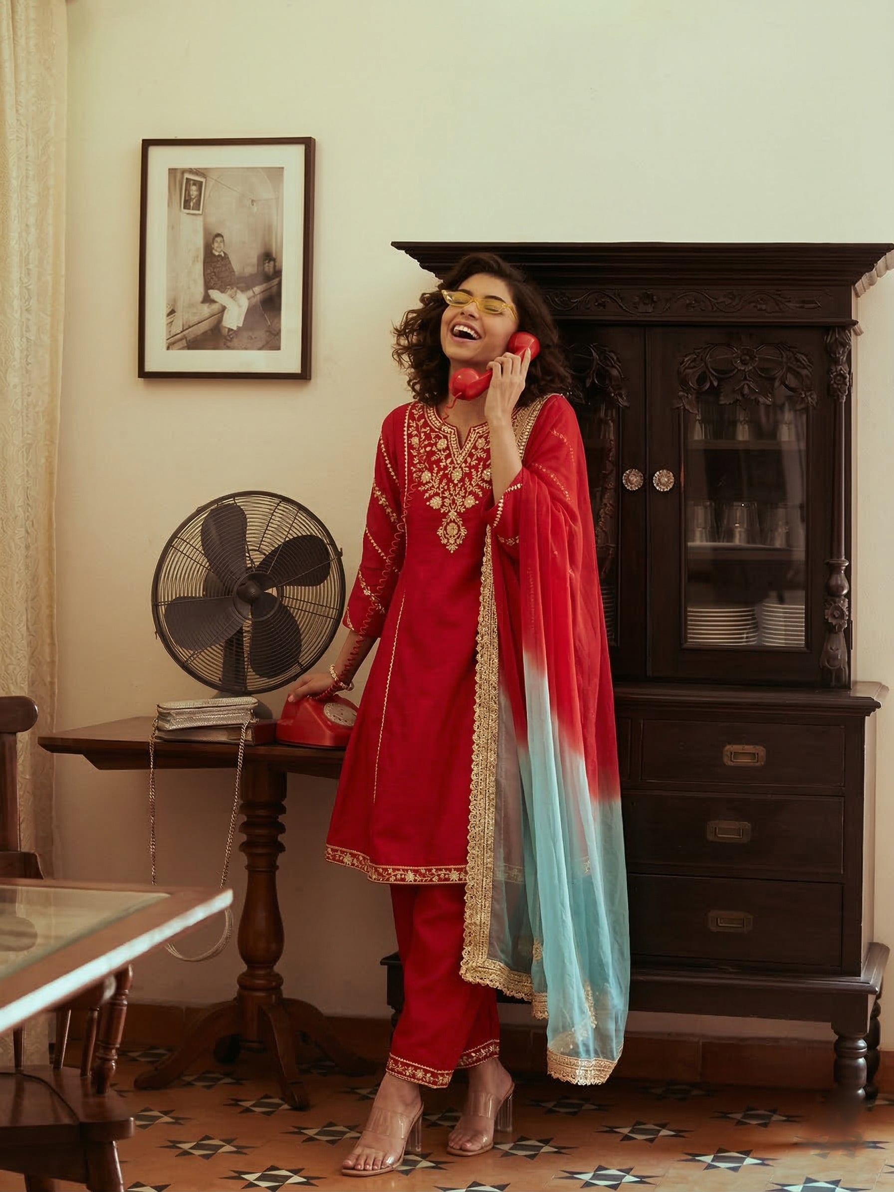 Red Silk Embroidered Anarkali Kurta Set with Dupatta for Women