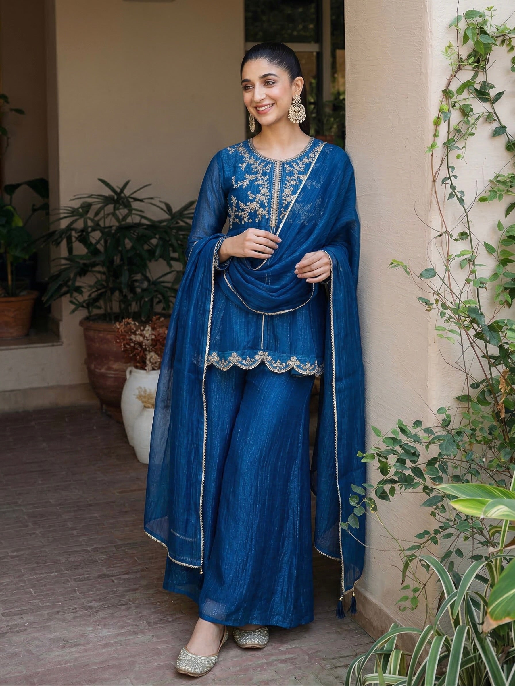 Royal Blue Silk Embroidered Top Sharara Set with Dupatta