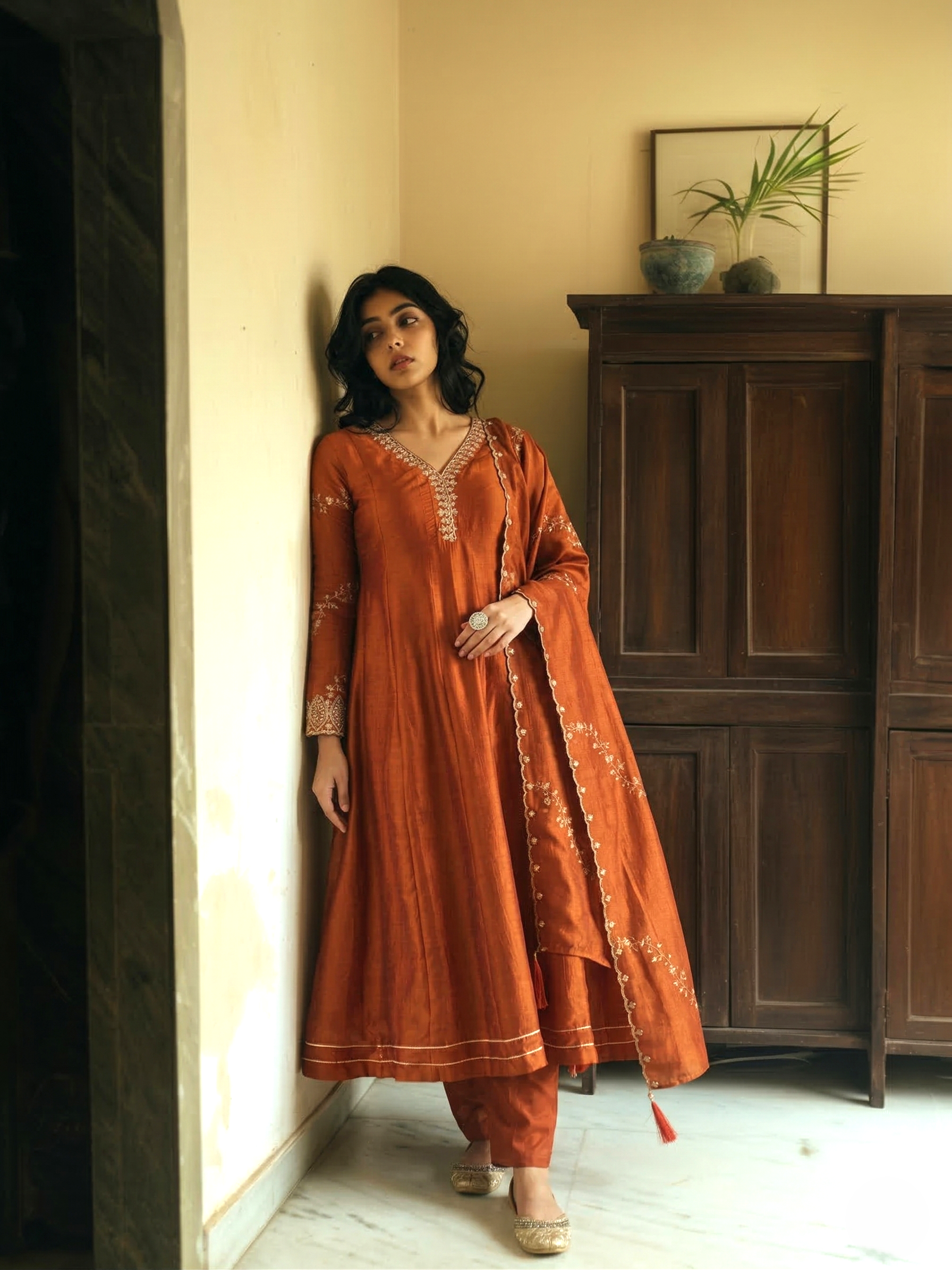 Rust Silk Embroidered Anarkali Kurta with Dupatta Set