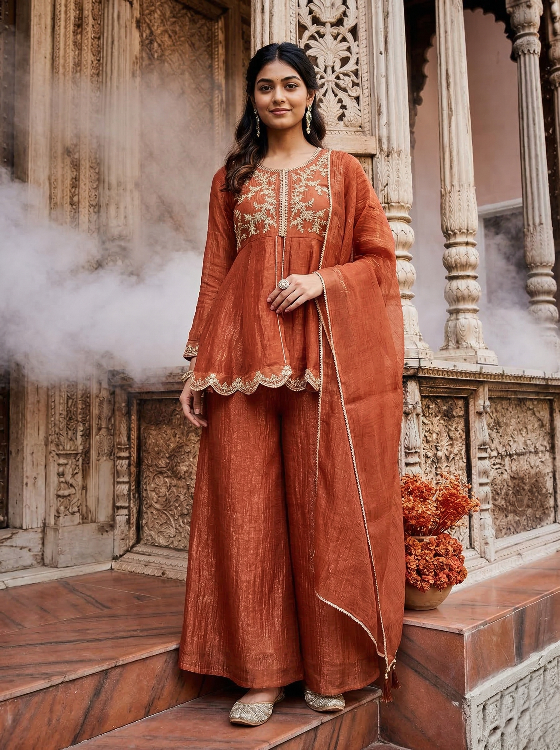 Rust Silk Embroidered Peplum Kurta Set with Palazzo & Dupatta