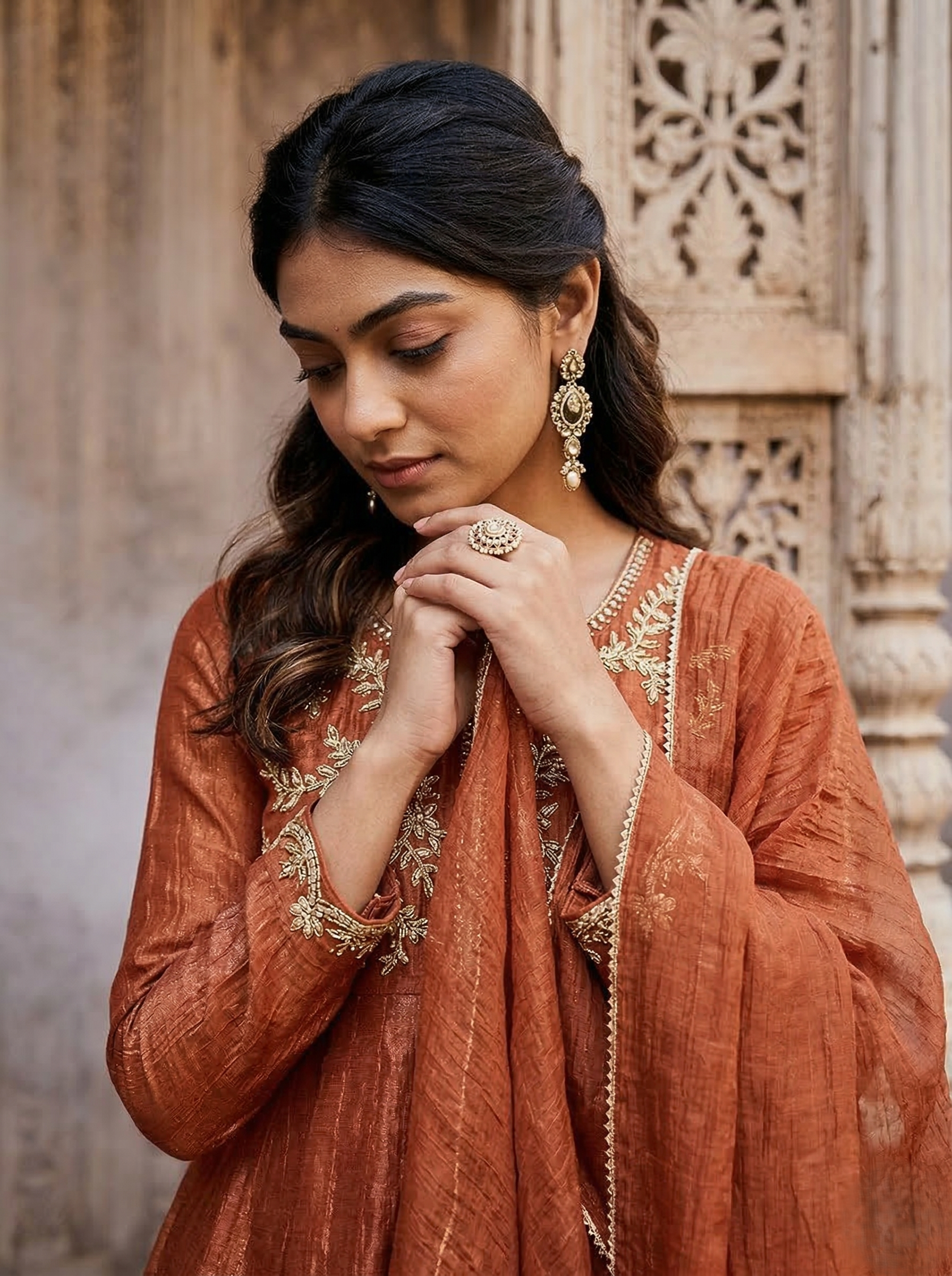 Rust Silk Embroidered Peplum Kurta Set with Palazzo & Dupatta