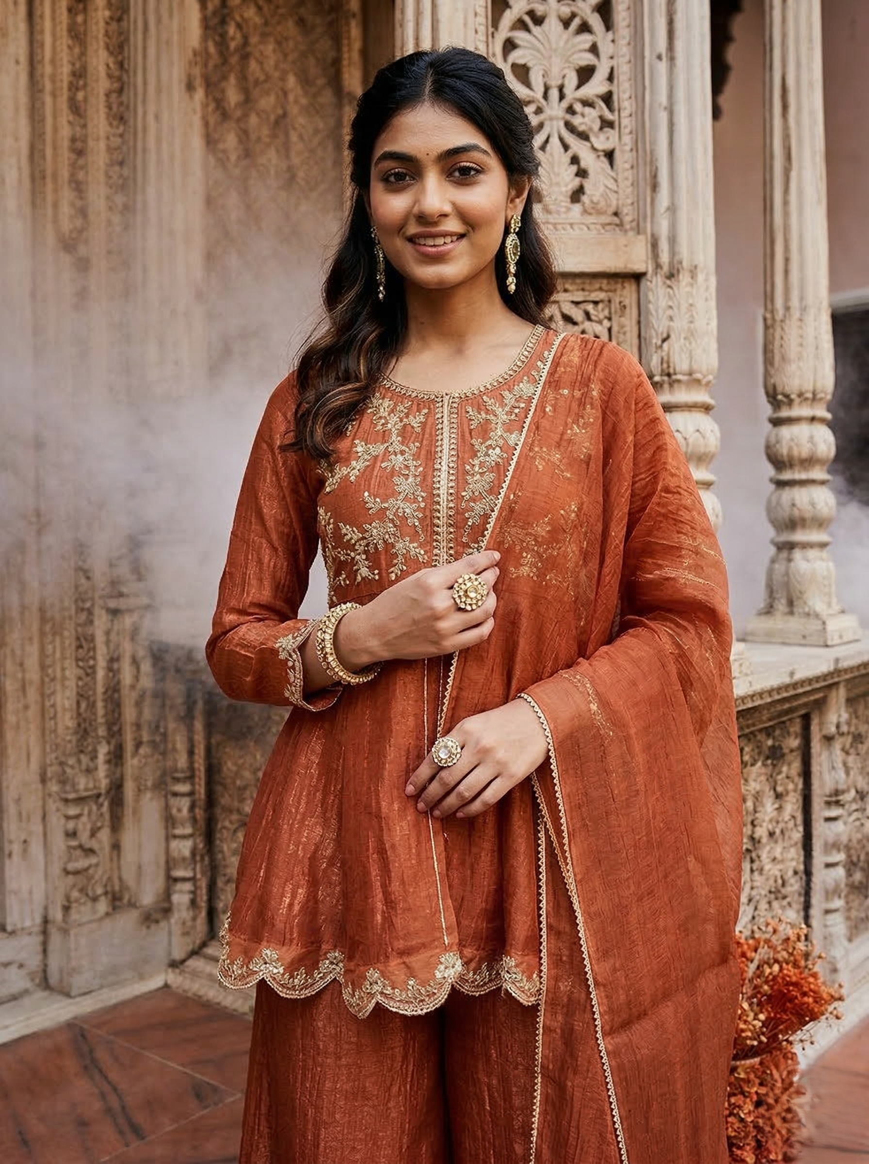 Rust Silk Embroidered Peplum Kurta Set with Palazzo & Dupatta