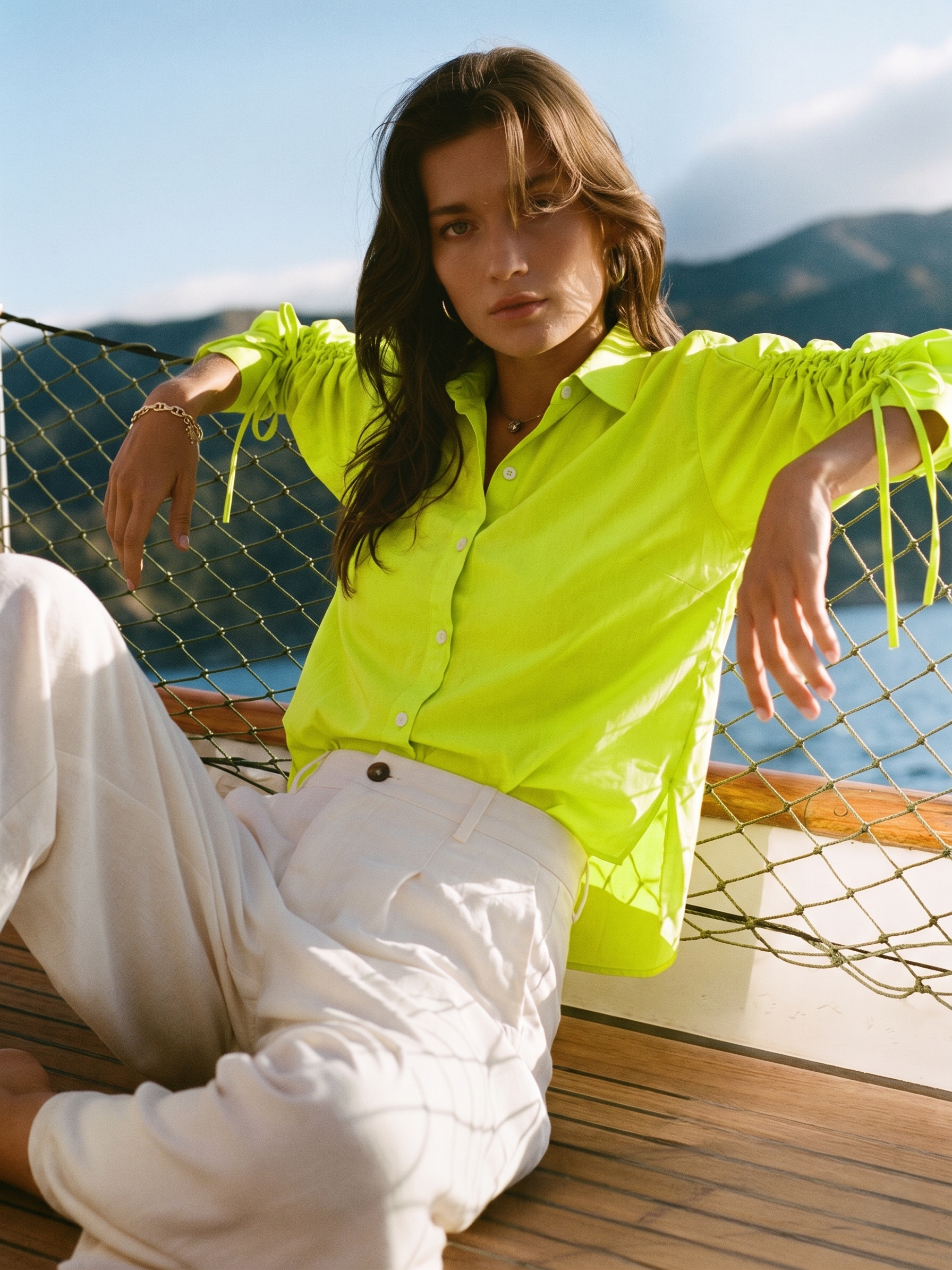 Women’s Neon Cotton Button-Down Shirt with Stylish Ruched Sleeves