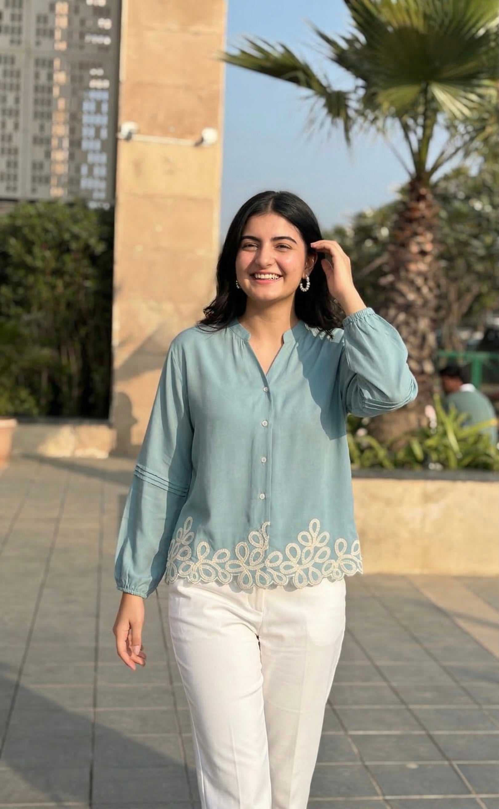 Sky Blue Embroidered Full Sleeves Regular Rayon Shirt