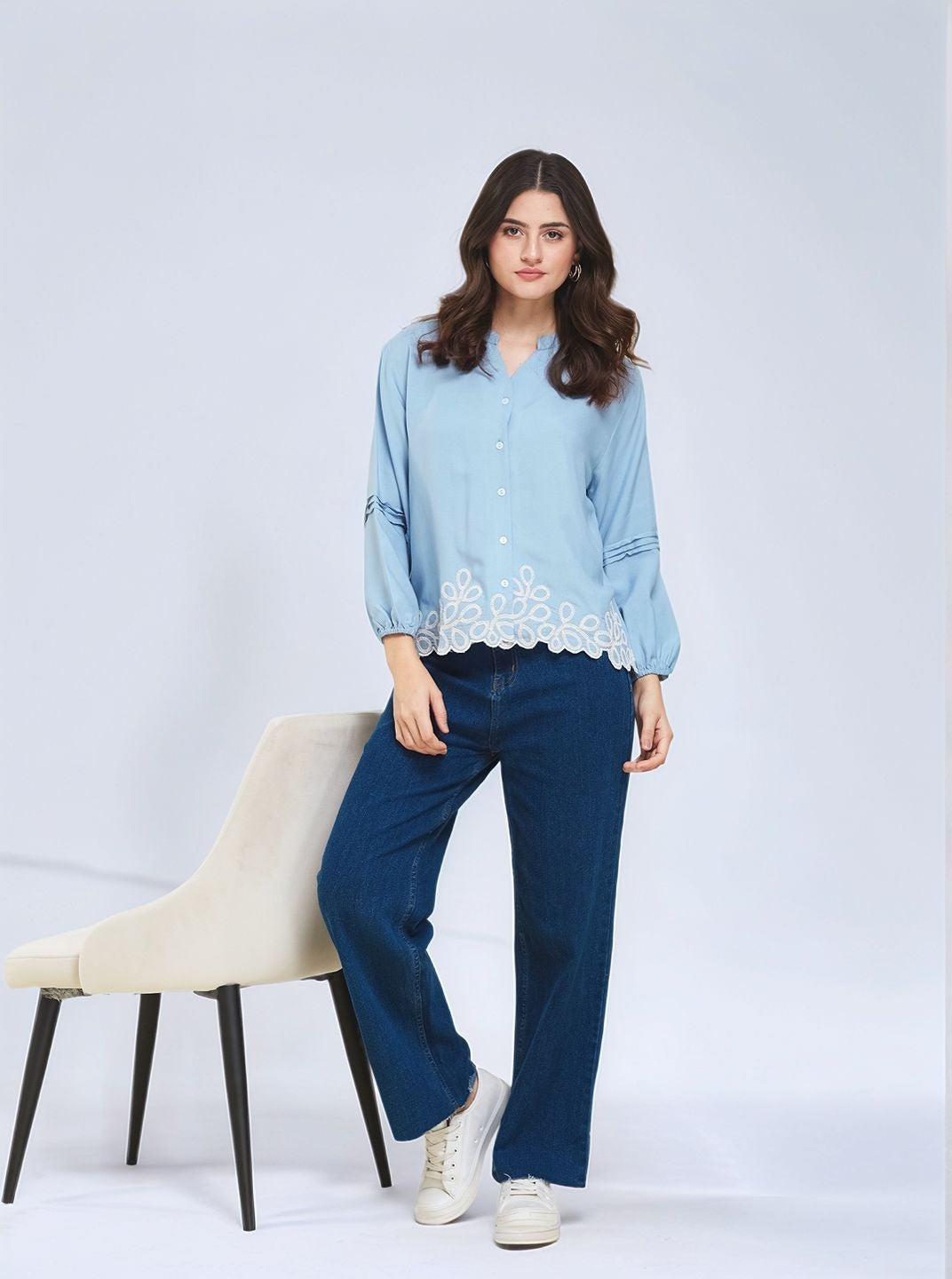 Light Blue Embroidered Full Sleeves Regular Rayon Shirt